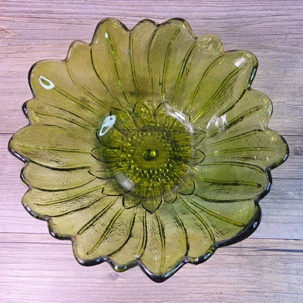 Vintage Olive Green Sunflower Glass Bowl Floral Serving Bowl 9 Inch Retro MCM